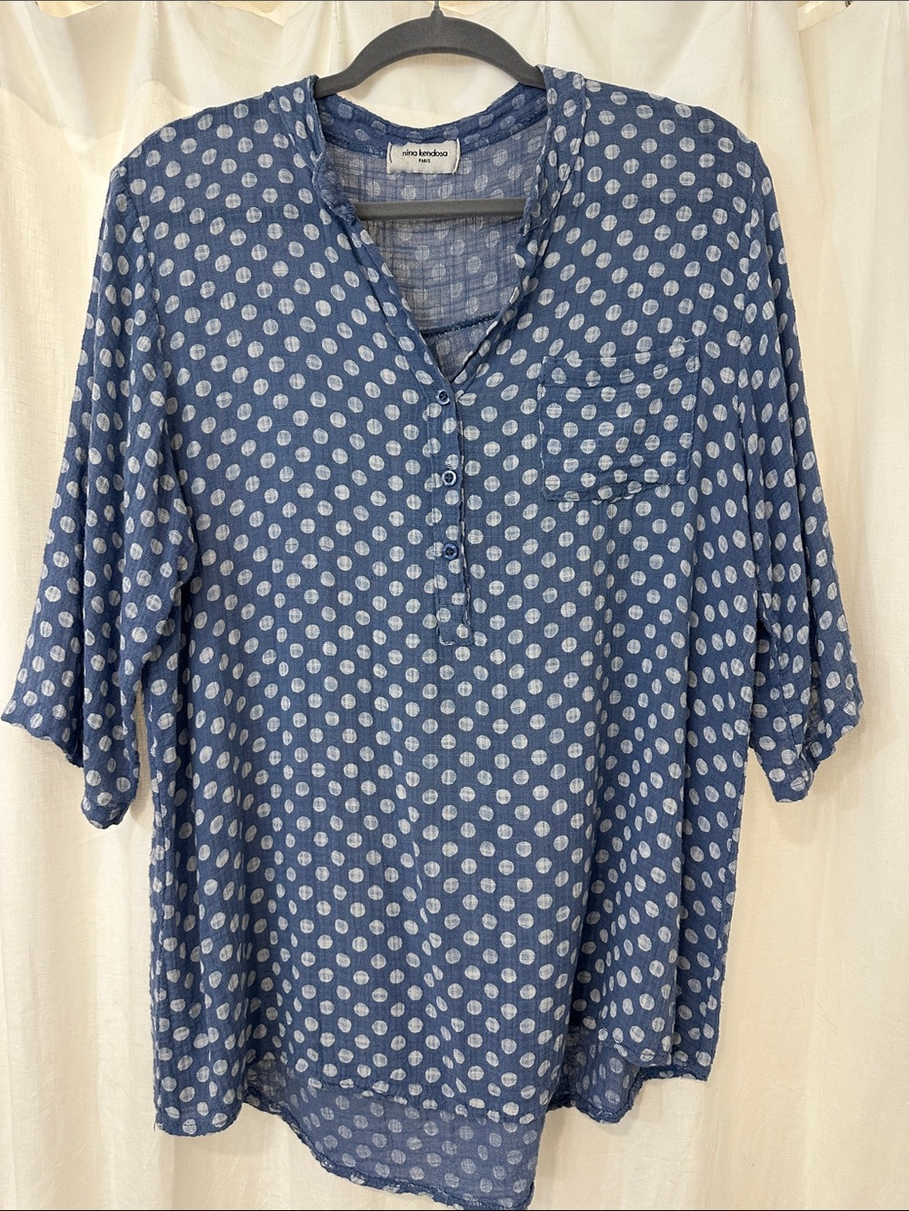 Blue Polka Dot V-Neck Tunic with Chest Pocket
